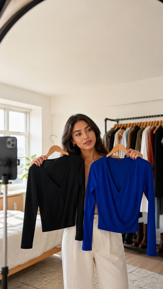 Illustrative image of a person holding black and blue tops to compare